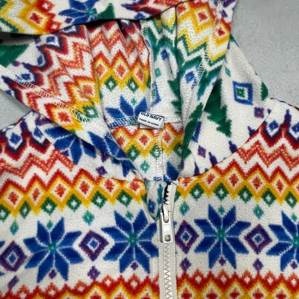 Old Navy One Piece Pajamas Unisex Kids M 8 White Rainbow Fair Isle Holiday Zip